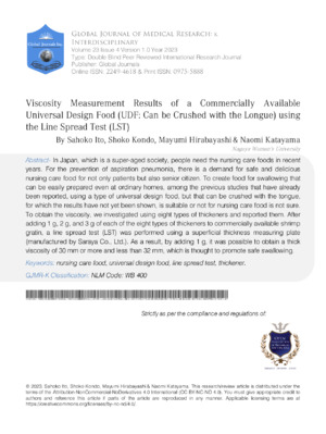 Viscosity Measurement Results of a Commercially Available Universal Design Food (UDF: can be crushed with the Longue) using the line Spread Test (LST) - Comparison after adding Eight different Types of Thickeners to Shrimp Gratin