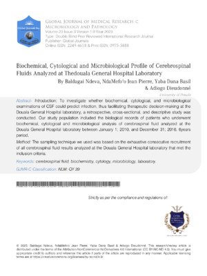 Biochemical, Cytological and Microbiological Profile of Cerebrospinal Fluids Analyzed at the Douala General Hospital Laboratory