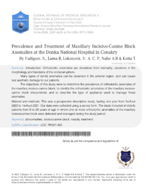 Prevalence and Treatment of Maxillary Incisivo-Canine Block Anomalies at the Donka National Hospital in Conakry