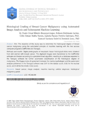 Histological Grading of Breast Cancer Malignancy Using Automated Image Analysis and Subsequent Machine Learning