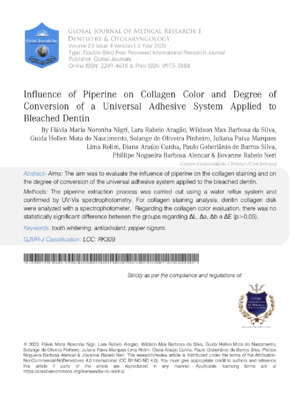 Influence of Piperine on Collagen Color and Degree of Conversion of a Universal Adhesive System Applied to Bleached Dentin