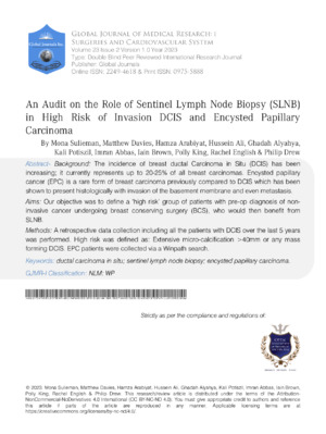 An Audit on the Role of Sentinel Lymph Node Biopsy (SLNB) in High Risk of Invasion DCIS and Encysted Papillary Carcinoma
