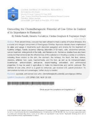 Unraveling the Chemotherapeutic Potential of Cow Urine in Context of its Importance to Humanity