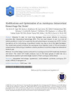 Modifications and Optimization of an Autologous Intracerebral Hemorrhage Rat Model
