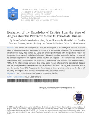 Evaluation of the Knowledge of Dentists from the State of Alagoas about the Preventive Means for Periodontal Disease