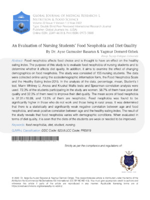 An Evaluation of Nursing Students' Food Neophobia and Diet Quality