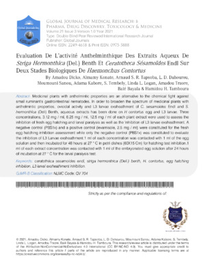 Evaluation De L'activité Anthelminthique Des Extraits Aqueux De Striga Hermonthica (Del.) Benth Et Ceratotheca Sésamoïdes Endl Sur Deux Stades Biologiques De Haemonchus Contortus