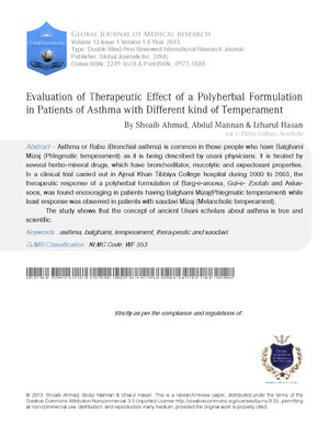 Evaluation of Therapeutic Effect of a Polyherbal Formulation in Patients of Asthma with Different kind of Temperament