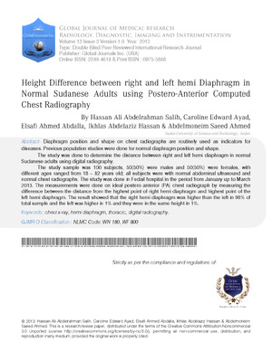 Height Difference between right and left hemi Diaphragm in Normal Sudanese Adults using Postero-Anterior Computed Chest Radiography
