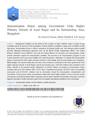 Immunization Status among Government Urdu Higher Primary Schools of Azad Nagar and its Surrounding Area, Bangalore