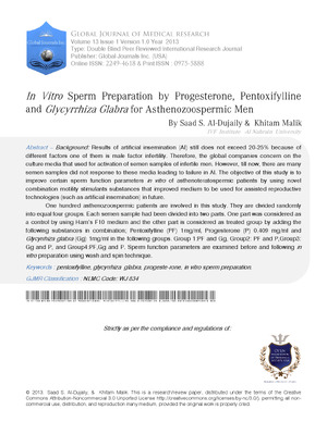 In Vitro Sperm Preparation by Progesterone, Pentoxifylline and Glycyrrhiza Glabra for Asthenozoospermic Men