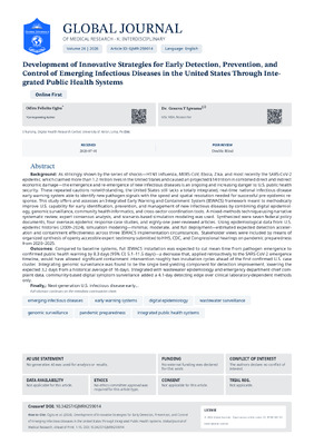 Development of Innovative Strategies for Early Detection, Prevention, and Control of Emerging Infectious Diseases in the United States Through Integrated Public Health Systems