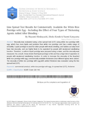 Line Spread Test Results for Commercially Available the White Rice Porridge with Egg - Including the Effect of Four types of Thickening Agents Added after Blending
