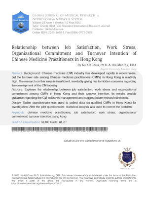Relationship between Job Satisfaction, Work Stress, Organizational Commitment and Turnover Intention of Chinese Medicine Practitioners in Hong Kong