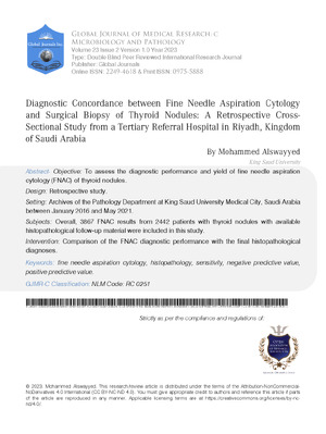 Diagnostic Concordance between Fine Needle Aspiration Cytology and Surgical Biopsy of Thyroid Nodules: A Retrospective Cross-Sectional Study from a Tertiary Referral Hospital in Riyadh, Kingdom of Saudi Arabia.