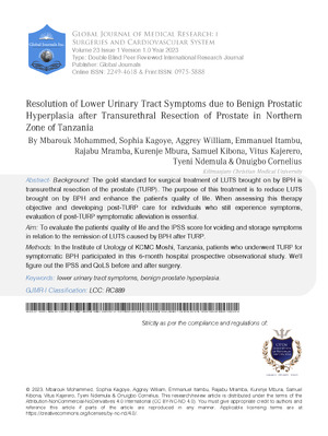 Resolution of Lower Urinary Tract Symptoms due to Benign Prostatic Hyperplasia after Transurethral Resection of Prostate in Northern Zone of Tanzania