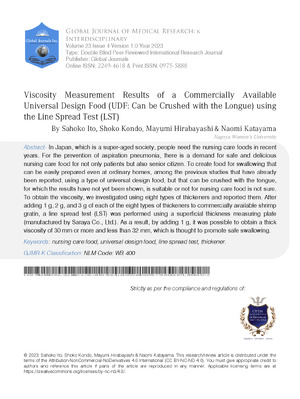 Viscosity Measurement Results of a Commercially Available Universal Design Food (UDF: can be crushed with the Longue) using the line Spread Test (LST) - Comparison after adding Eight different Types of Thickeners to Shrimp Gratin