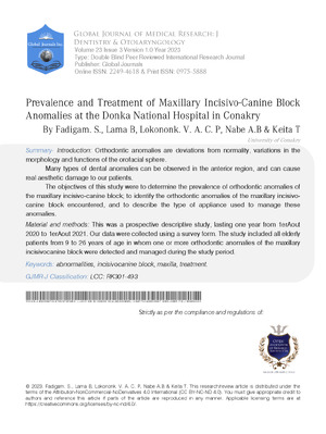 Prevalence and Treatment of Maxillary Incisivo-Canine Block Anomalies at the Donka National Hospital in Conakry