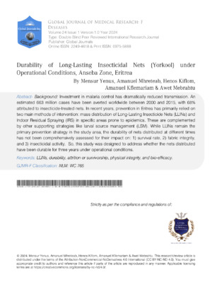 Durability of Long-Lasting Insecticidal Nets (Yorkool) Under Operational Conditions, Anseba Zone, Eritrea