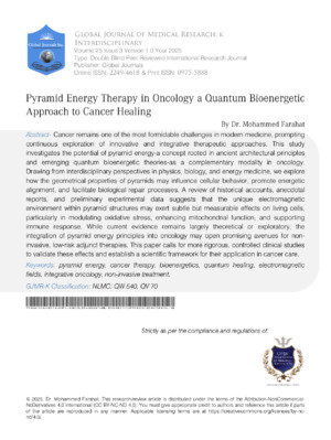 Pyramid Energy Therapy in Oncology: A Quantum Bioenergetic Approach to Cancer Healing
