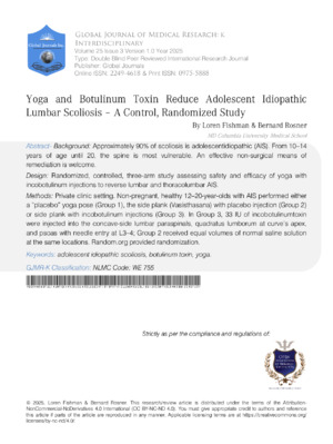 Yoga and Botulinum Toxin Reduce Adolescent Idiopathic Lumbar Scoliosis – A Control, Randomized Study