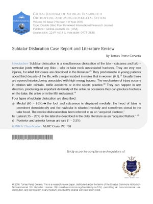 Subtalar Dislocation. Case Report and Literature Review